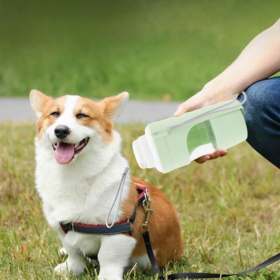 2-in-1 Travel Dog Water Bottle – Portable Pet Water Dispenser & Food Feeder Cup for Outdoor Use