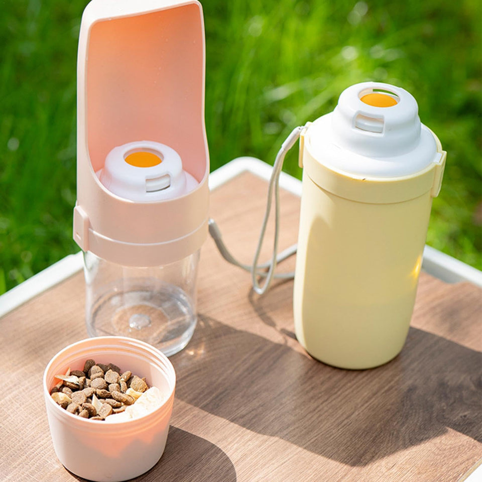 2-in-1 Travel Dog Water Bottle – Portable Pet Water Dispenser & Food Feeder Cup for Outdoor Use